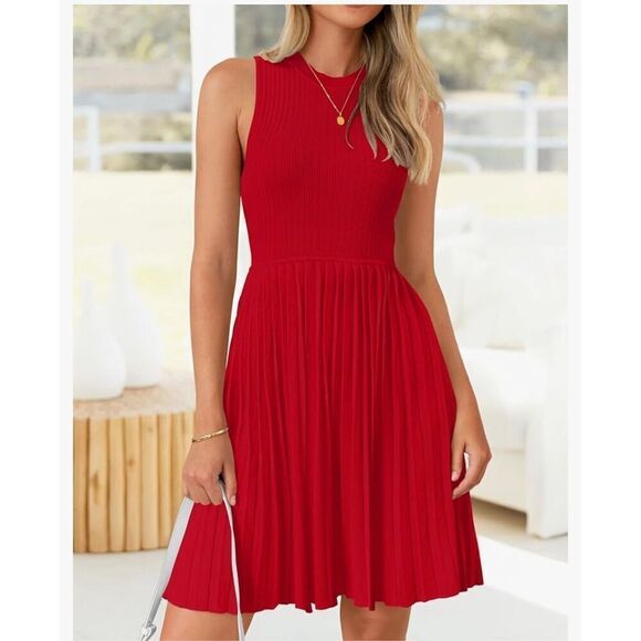 NEW Red Sleeveless Crewneck Knit A Line Pleated Mini Dress L - Picture 2 of 6